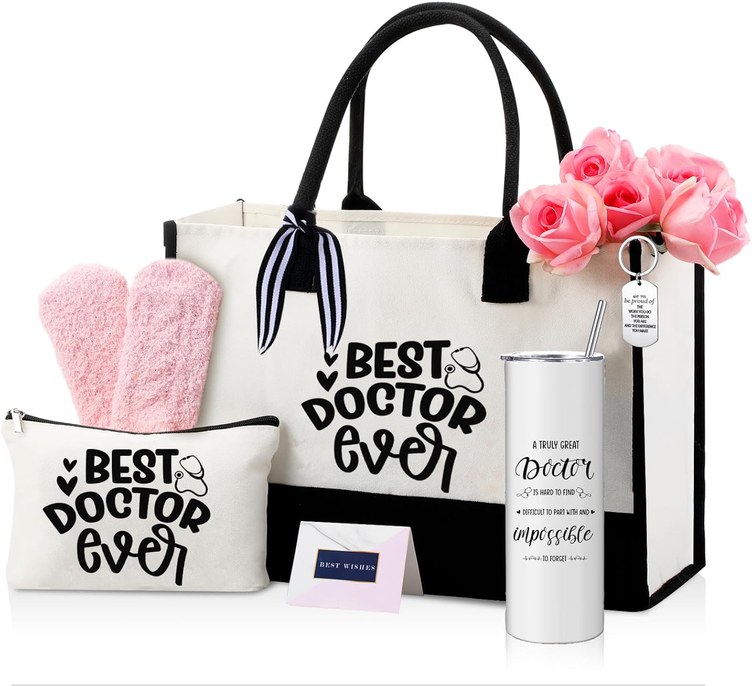 Geiserailie 8 Pcs Doctor Appreciation Gifts for Women Including Large Tote Bag Cosmetic Bags Tumbler Cup Plush Socks Metal Keychain Card and Envelope for Doctor Thank You Gifts