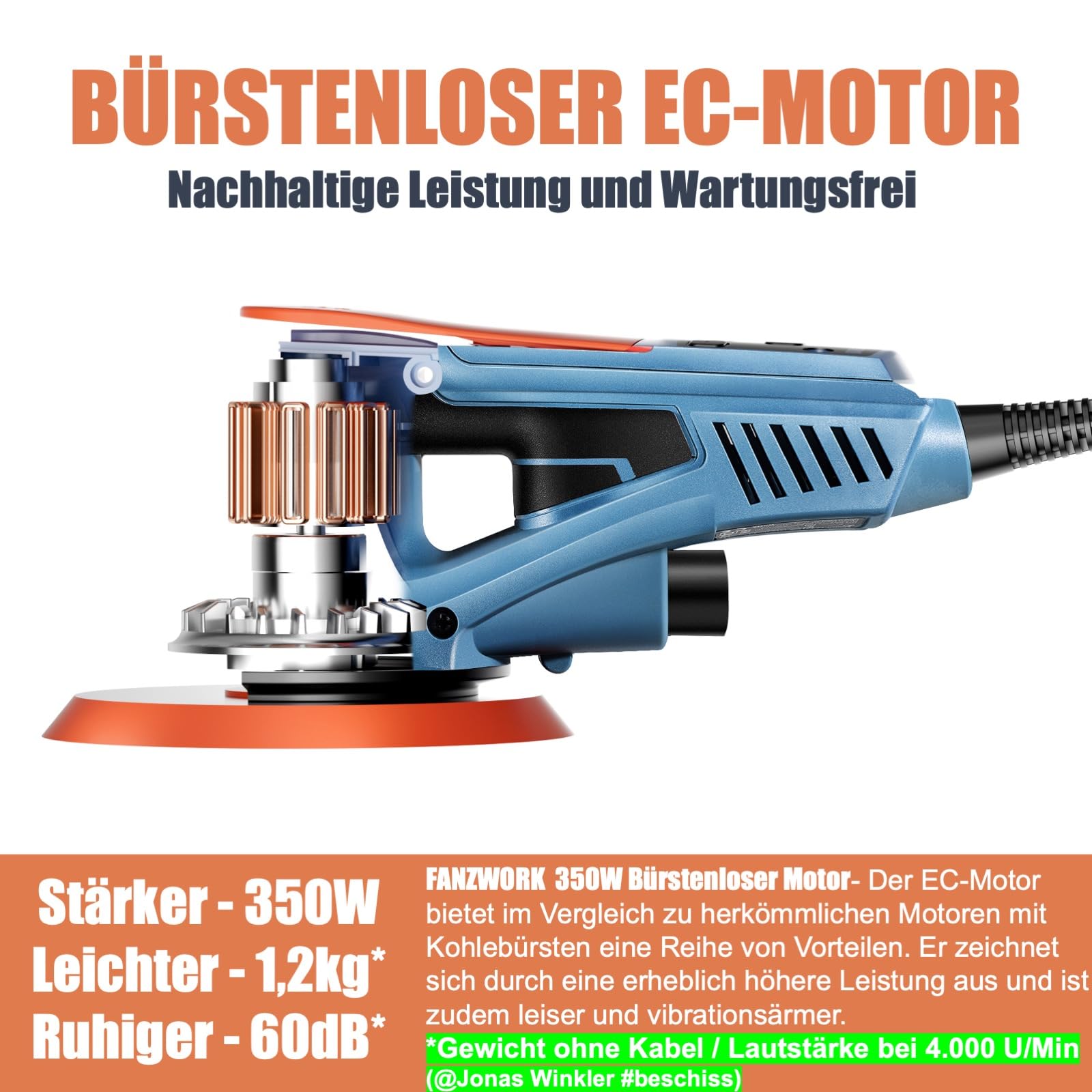 FANZWORK Bürstenloser Exzenterschleifer HG0024,mit 125mm/150mm Schleifteller,5mm Schleifhub, 7-Stufiger Drehzahlregelung bis 10.000 U/min, TELLER-BREMSE, 18x Schleifgitter, Tragkoffer