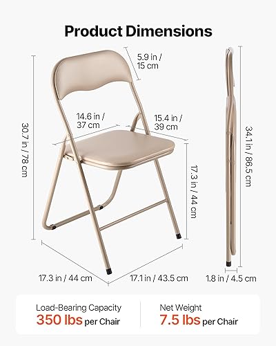 Miniatura 3 de VEVOR Paquete de 4 sillas plegables, sillas plegables de cuero con marco de metal resistente y cojín acolchado, sillas de mesa plegables portátiles