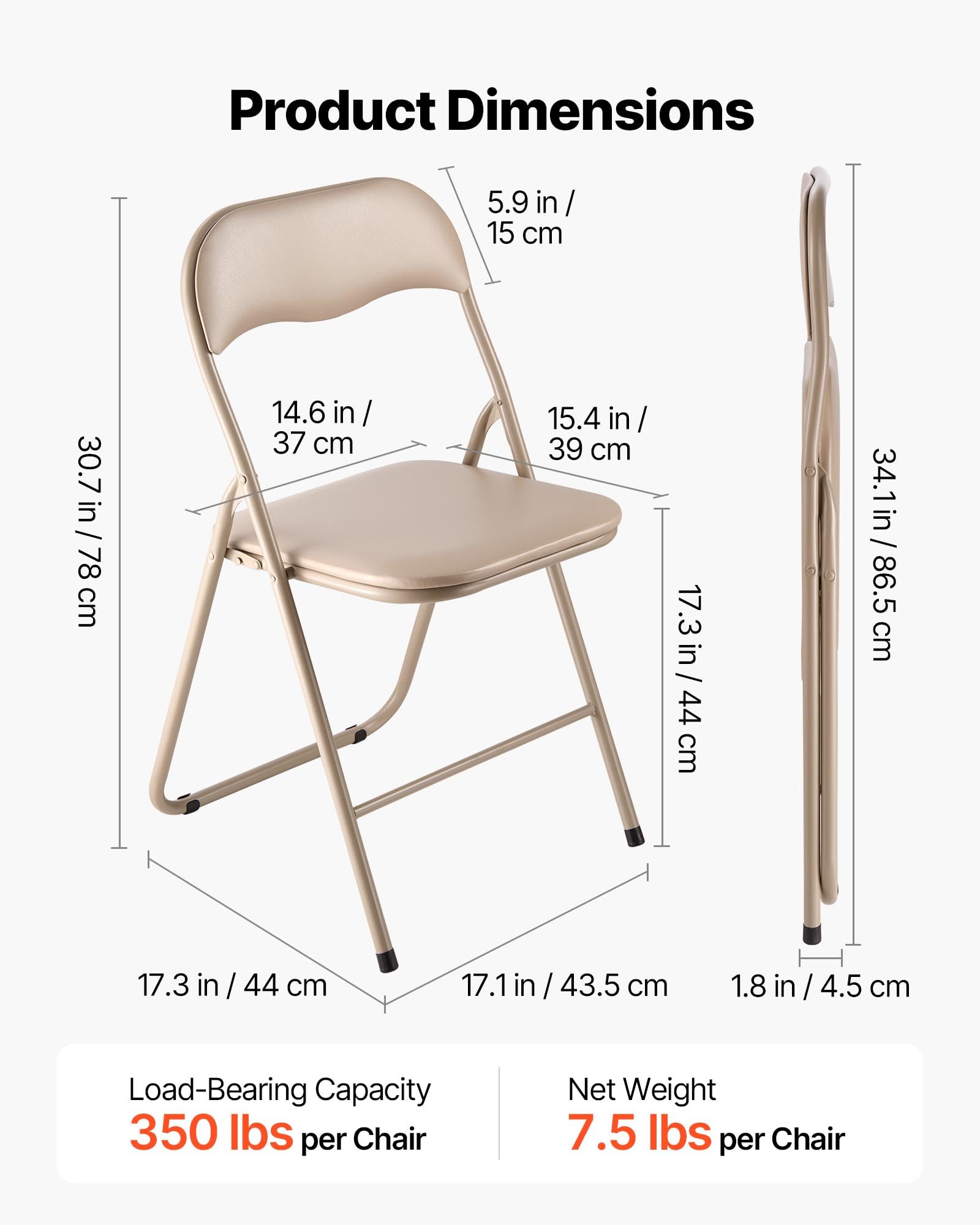 VEVOR Lot de 4 Chaises Pliantes Portables, Chaise de Salle à Manger en Cuir avec Cadre en Métal et Coussin Rembourré, Sièges Empilables pour Intérieur et Extérieur, Maison, Cour, Jardin, Fêtes, Kaki