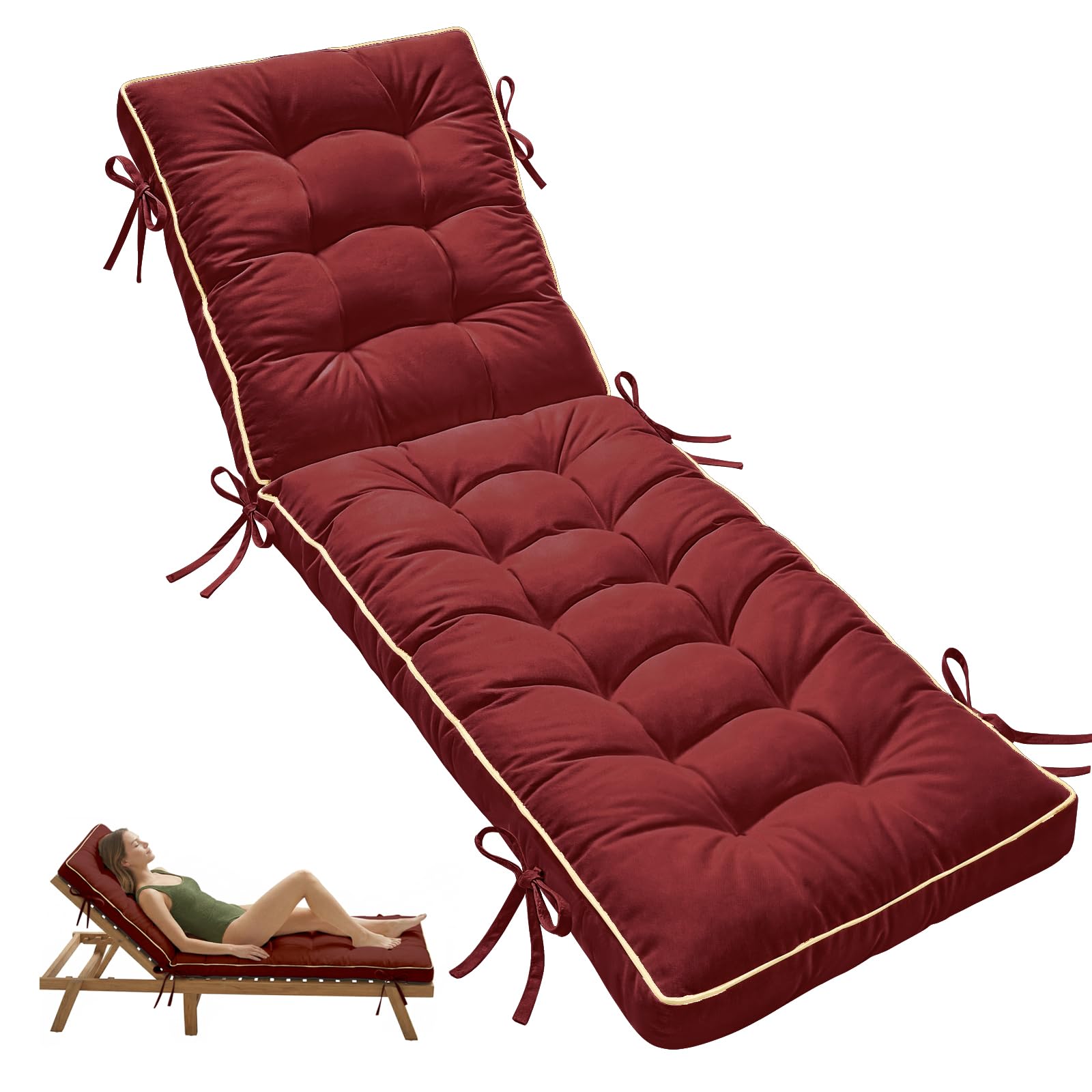 AS AWESLING 2-Fold Sunbed Cushion Quick Dry - Outdoor Sun Lounger Seat Pad with Shredded Memory Foam for Garden Sunbeds, Poolside, Patio Furniture (RED, 203cm x 66cm)