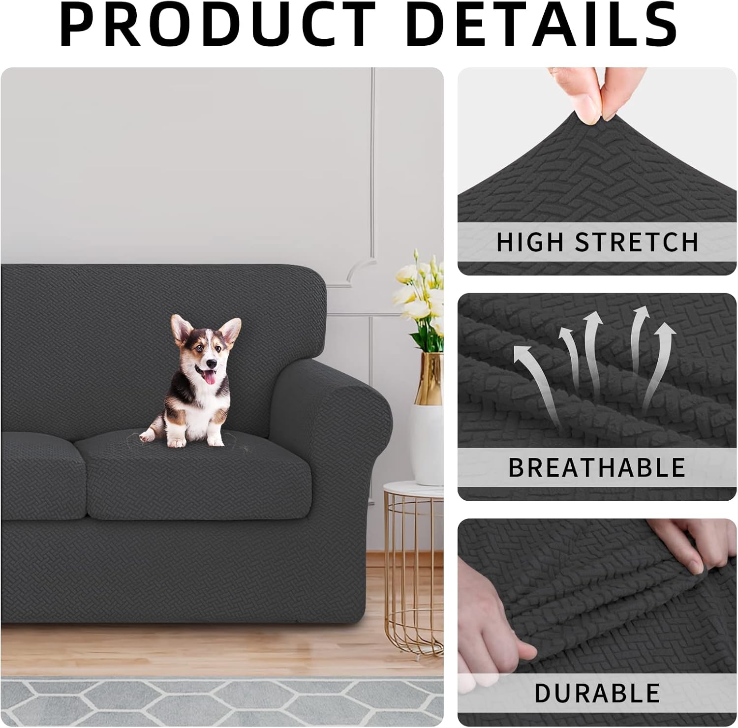 ISSUNTEX 4 Pieces High Stretch Thicken Couch Covers, Soft Sofa Slipcover for 3 Separate Cushion , Jacquard Fabric Elastic Furniture Protector for Dogs (Sofa, Dark Gray)