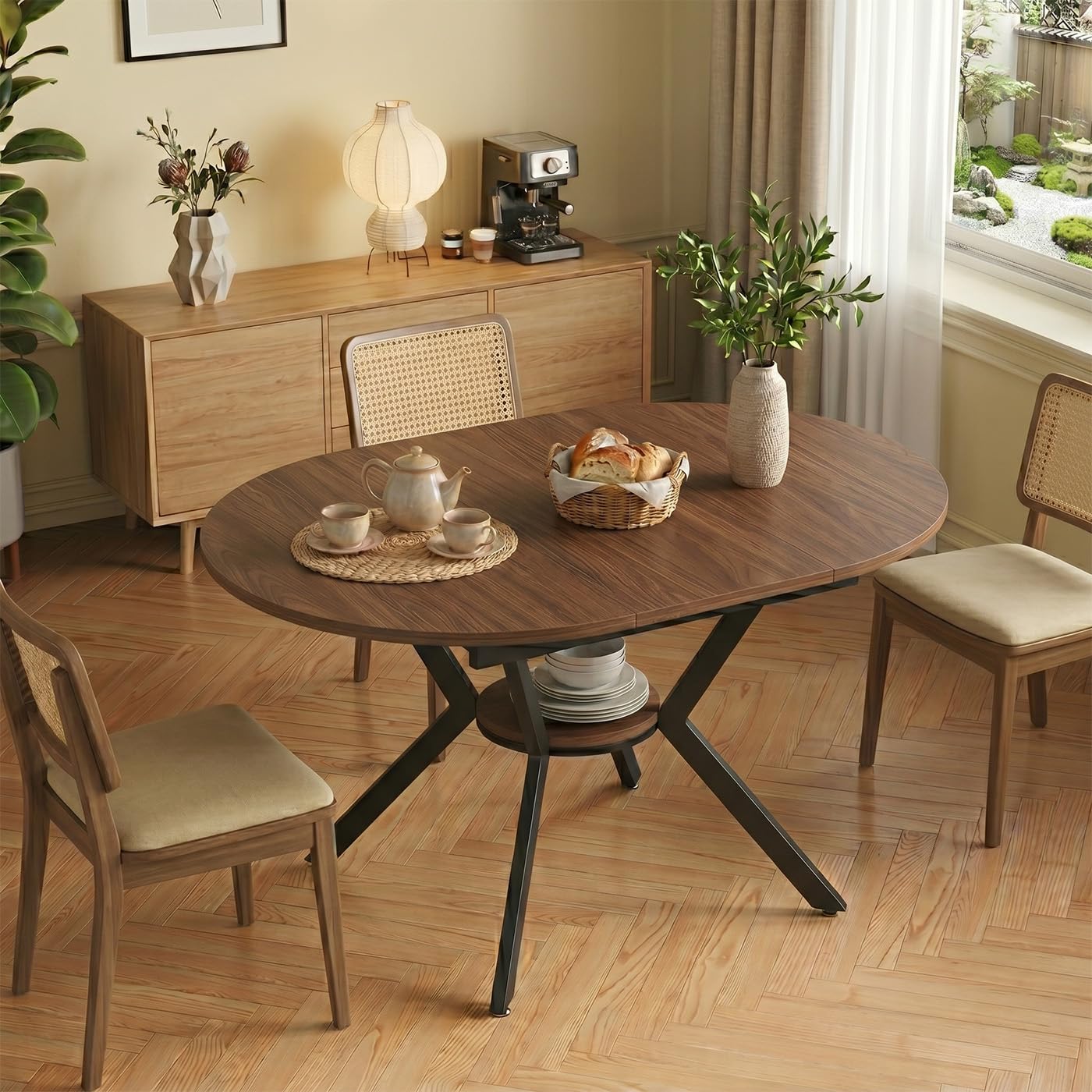 Mesa de comedor redonda extensible, 100 – 140 cm, redonda, mesa de cocina de madera, mesa de comedor ovalada con función telescópica, mesa de salón extensible con estantes abiertos para