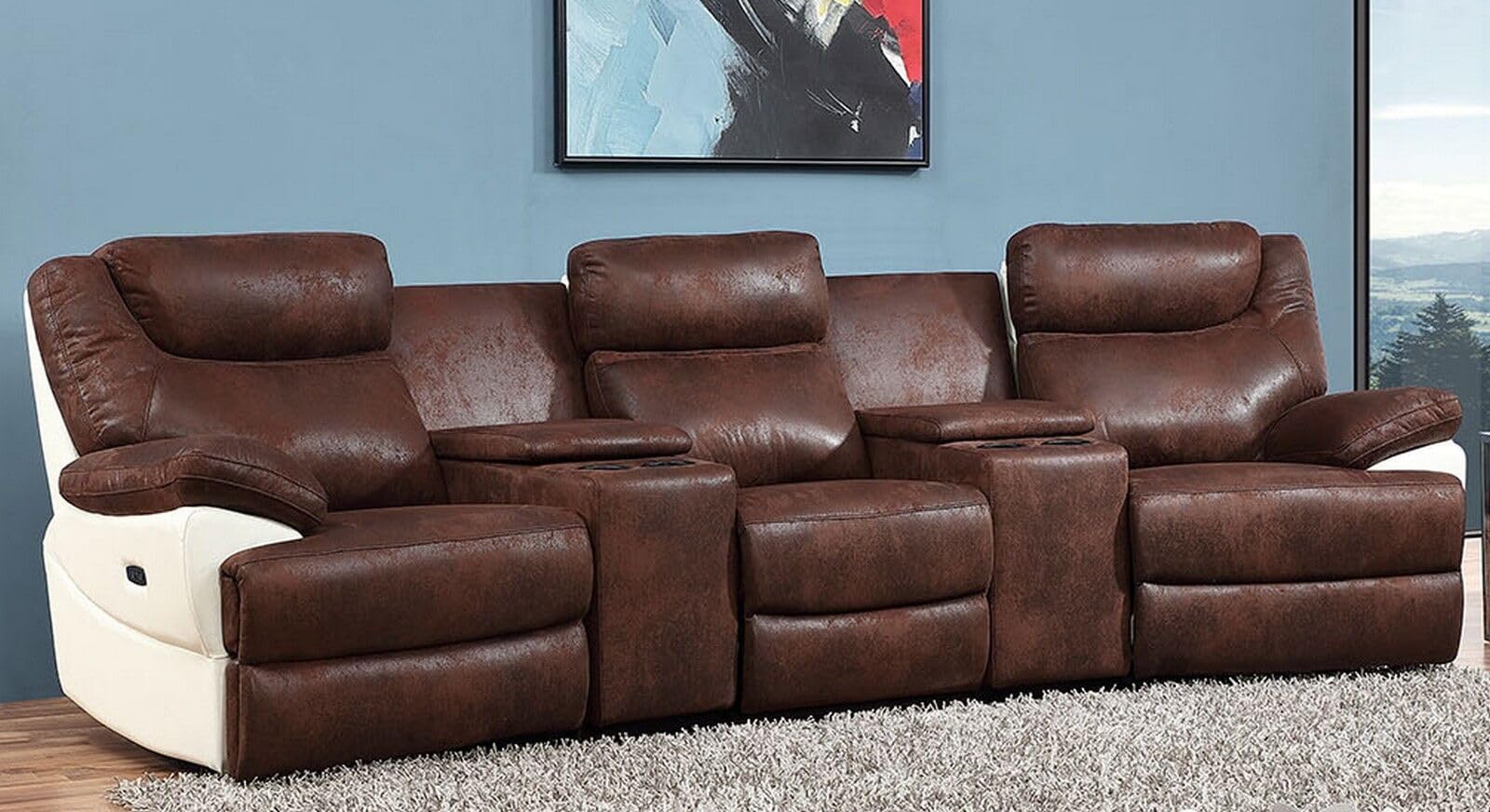 MAPO 3581 3-Sitzer Kinosofa elektrisch verstellbar | Heimkino Relaxsofa aus Mikrofaser mit Cupholder | Rückenlehne, Fuß- & Kopfstütze | Braun-Weiß