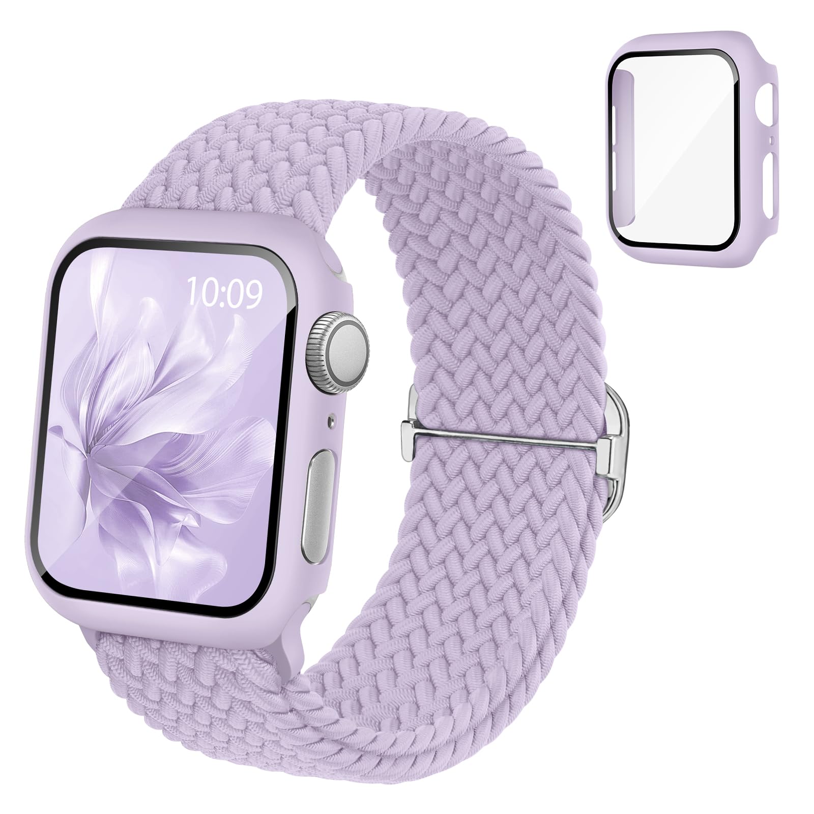 Braided Stretchy Band Compatible for Apple Watch Band and Case 40mm 41mm 42mm 44mm 45mm 46mm, Nylon Elastic Solo Loop and Protective Cover with Screen