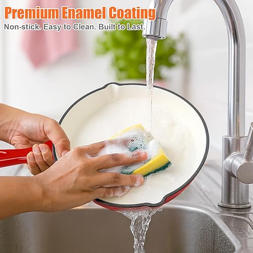 Miniatura 3 de QuliMetal Juego de utensilios de cocina de hierro fundido esmaltado antiadherente, 5 ollas y sartenes con tapa, sartén, sartén, cacerola y horno