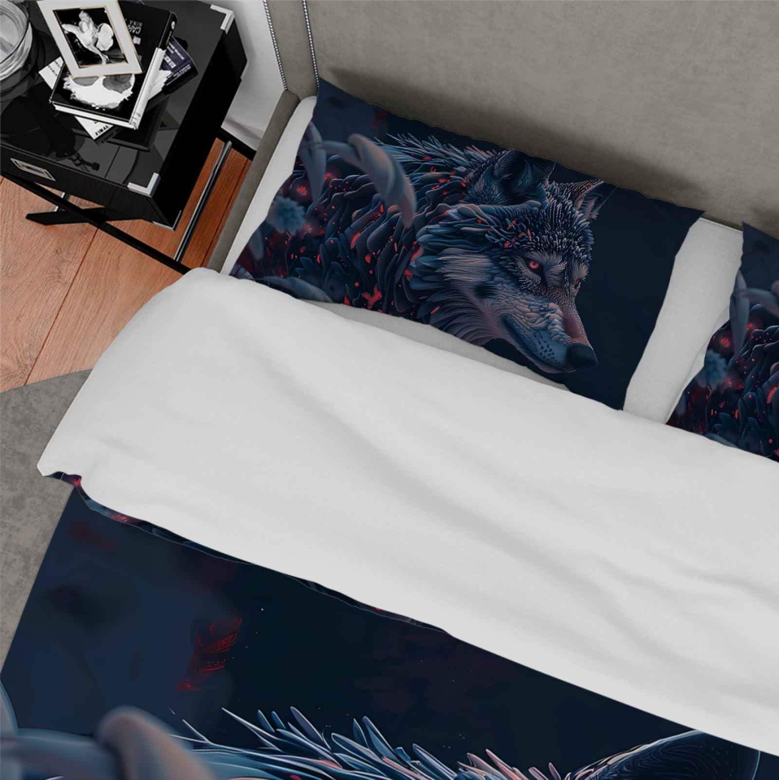 Cartoon Anime Design poszewka na kołdrę wilk zwierzę wzór poszewka na kołdrę oddychająca 3 szt. zestaw pościeli zamknięcie na zamek błyskawiczny 2 poszewki na poduszki czarne 160 x 200 cm