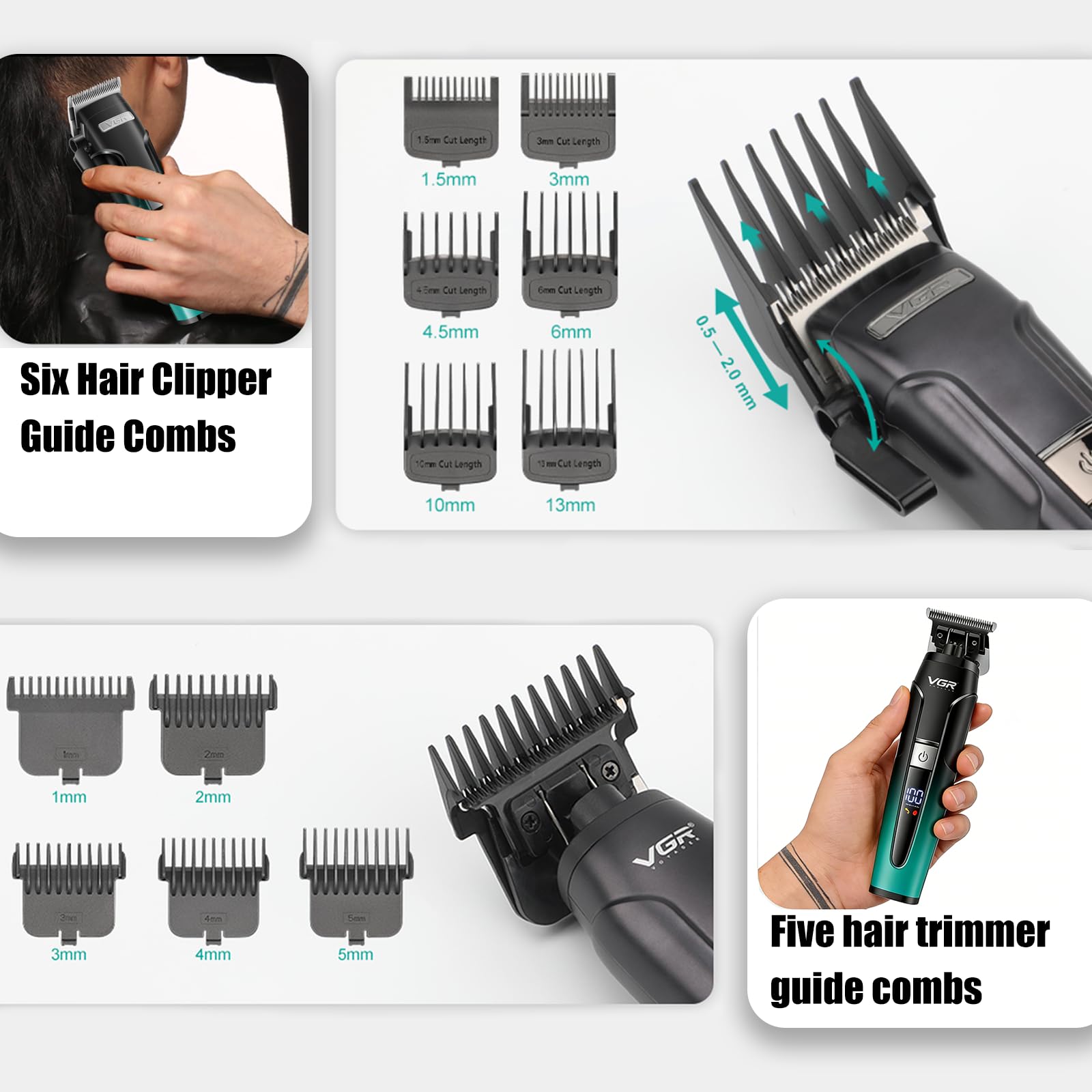VGR 694 - Tagliacapelli da uomo, set professionale di tagliacapelli e trimmer da barbiere, kit da taglio dei capelli senza fili per uomini con rasoio a lamina, base di ricarica e display LED, verde