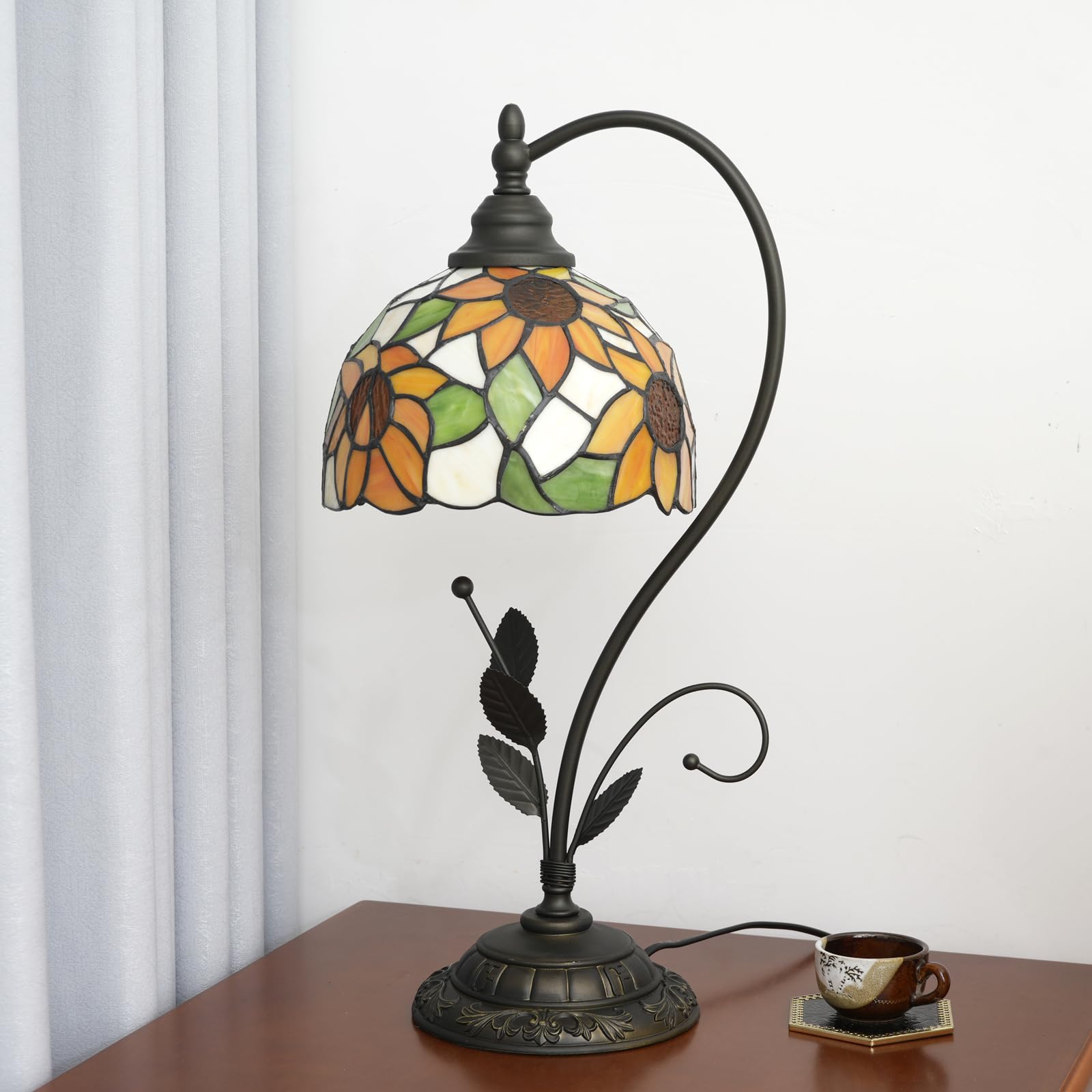 Tiffany Tischlampe Sonnenblume Gelb Glasmalerei Lampe Tiffany Stil S Blätter Vintage Schreibtisch Licht für Nachttisch Wohnzimmer Büro Schlafsaal Esszimmer