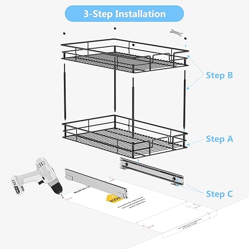 Vista 28 de LOVMOR Organizador de gabinete extraíble de 2 niveles, 14 pulgadas de ancho x 21 pulgadas de profundidad, cajón extraíble cromado para gabinete Plata