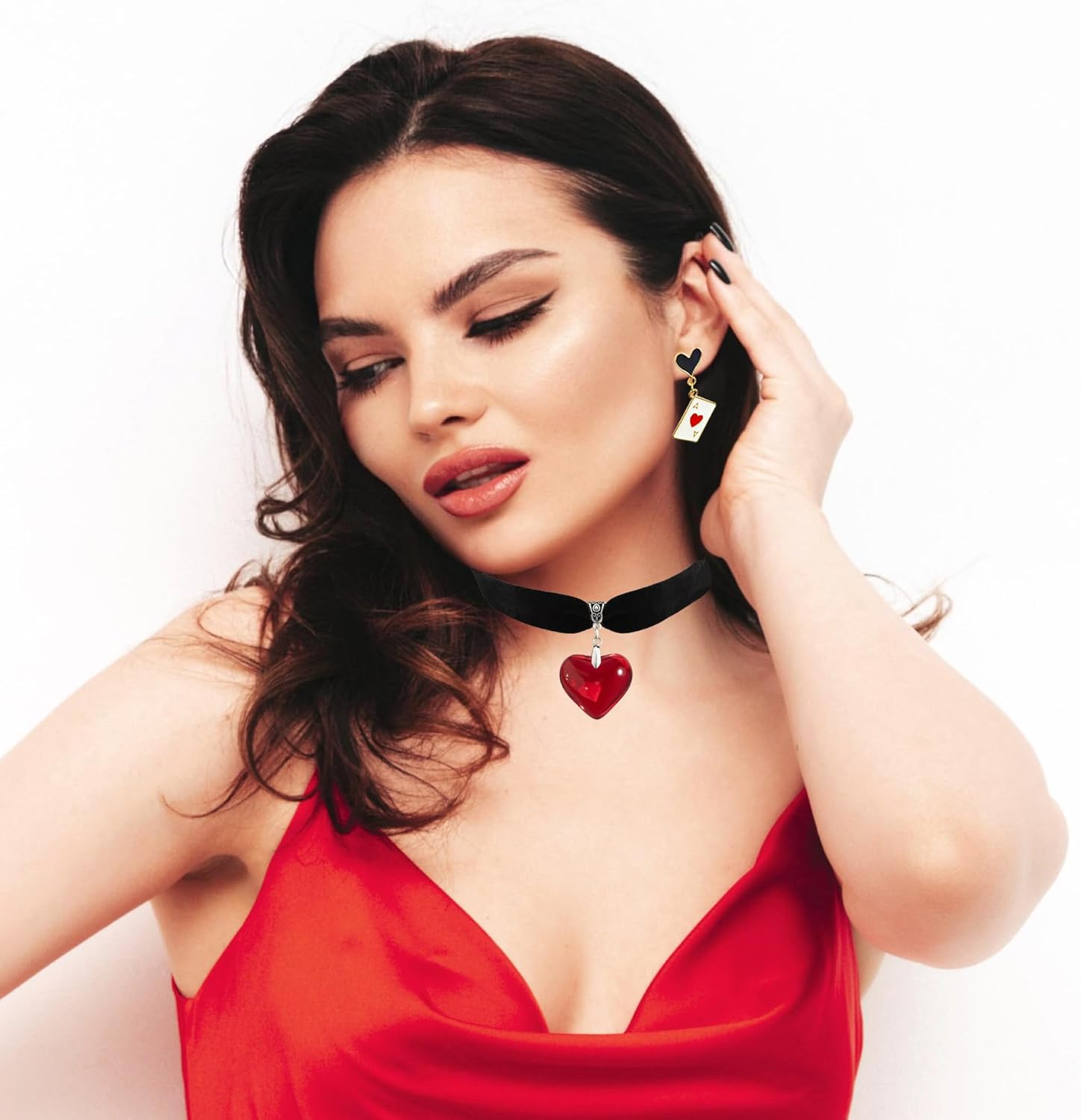 Queen of Hearts Earrings and Red Heart Choker Necklace Set for Women Gothic Punk Halloween Party Costume Accessories - Image 4