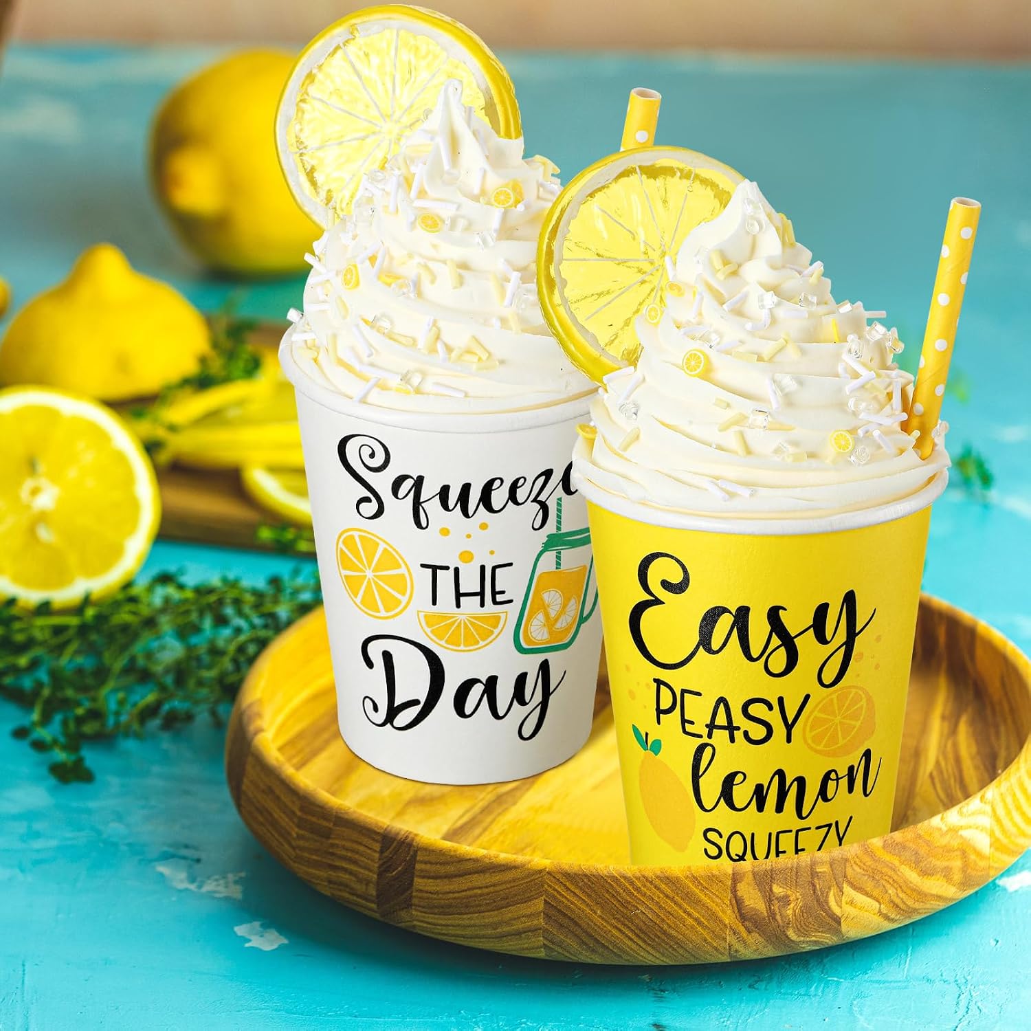 Yungyan 2 Pcs Lemon Tiered Tray Table Decor Faux Whipped Cream Cups Lemon Centerpiece Design for Party Kitchen Shelf Accessories Farmhouse Birthday Summer Table Decoration