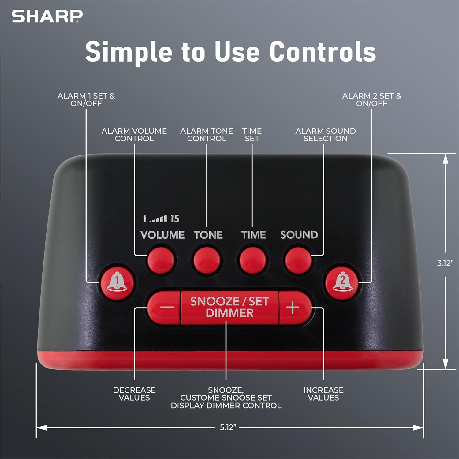 Sharp Big Bang Super Loud Alarm Clock for Heavy Sleepers, 115dB Extreme Wake-Up Alarm, Dual Alarms, 6 Wake Sounds, Large Red LED Display, Dimmer Control & Battery Backup, Bedroom Clock