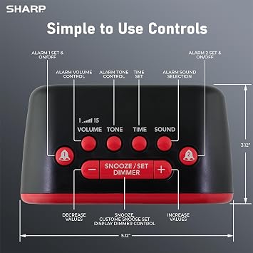Sharp Big Bang Super Loud Alarm Clock for Heavy Sleepers, 115dB Extreme Wake-Up Alarm, Dual Alarms, 6 Wake Sounds, Large Red LED Display, Dimmer Control & Battery Backup, Bedroom Clock