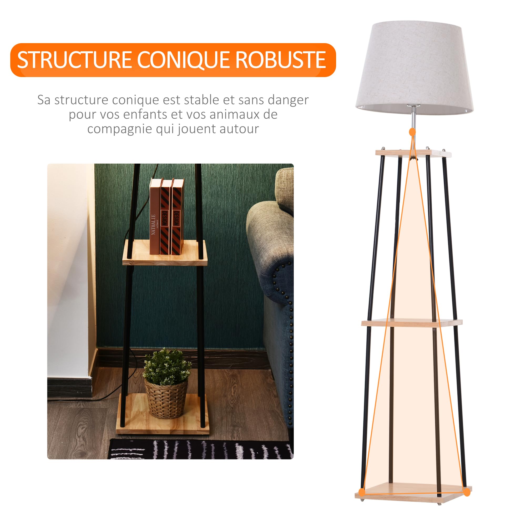HOMCOM Lampadaire Design Contemporain Dim. 40L x 40l x 160H cm Noir Beige