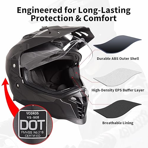 Miniatura 6 de VCOROS Casco de motocicleta de aventura VS-908 ATV Dirt Bike Off Road Motocross casco de cara completa para adultos aprobado por DOT