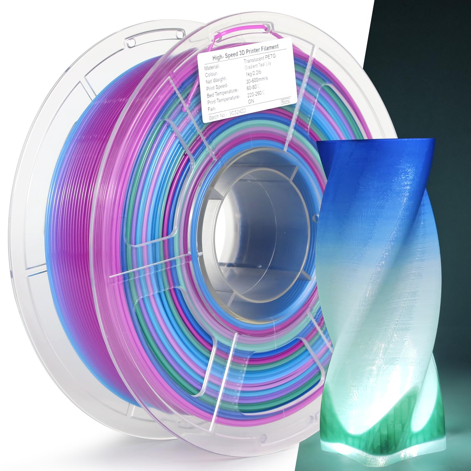 ISANGHU 3D Printer PETG Filament Translucent 1.75mm High Light Transmittance 3D Printing Filament,Print Speed 30-600mm/s PETG Filament, Clear Teal
