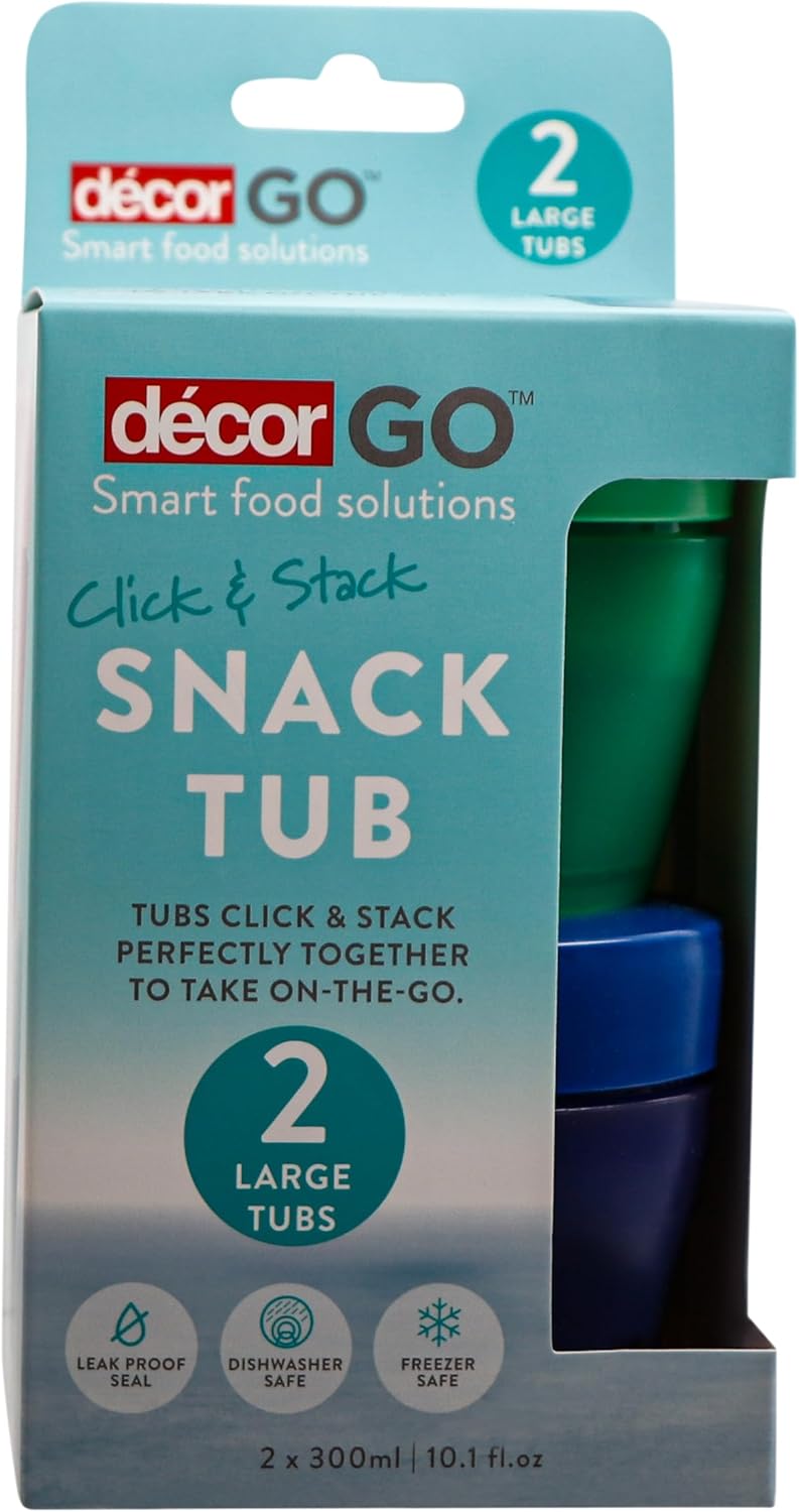 Décor Go Click & Stack Snack Tubs, 2 Pack Leakproof Food Storage Containers, Snack Tubs for Adults and Kids, Freezer & Microwave Safe, 300ml x 2 colours vary green/blue or aqua/purple