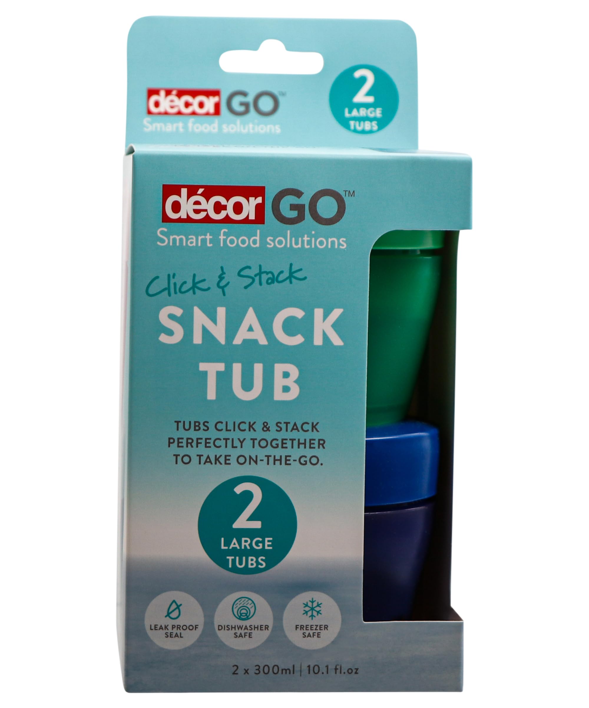 Décor Go Click & Stack Snack Tubs, 2 Pack Leakproof Food Storage Containers, Snack Tubs for Adults and Kids, Freezer & Microwave Safe, 300ml x 2 colours vary green/blue or aqua/purple