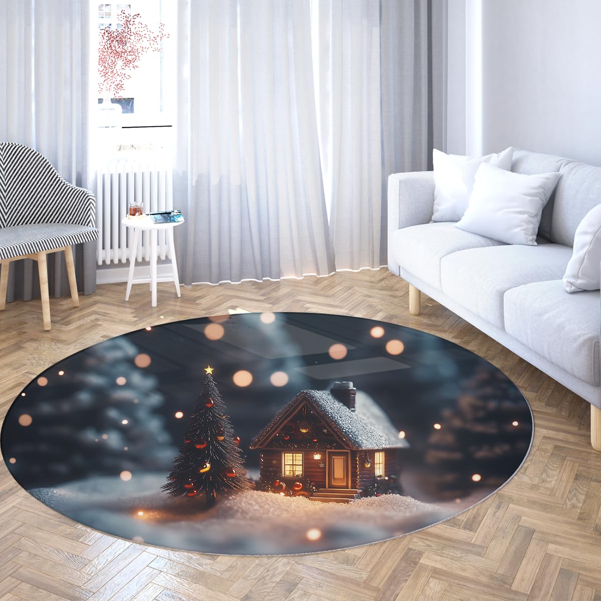 Decoración navideña Zona Redonda Alfombra Lavable Antideslizante Alfombra de Suelo Fino Pino nevado Cabaña Alfombras acogedoras para salón Dormitorio Sala de Juegos 80x80cm