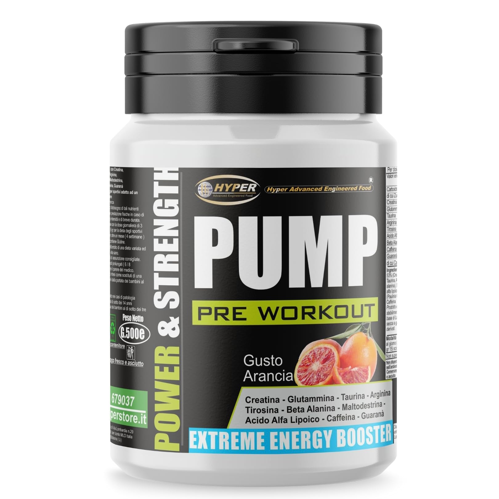 Hyper Pre Workout Potente Power & Strength Pump 500 gr - Preworkout Bodybuilding con Creatina, Glutammina, Taurina, Arginina, Tirosina, Acido Alfa Lipoico, Beta Alanina, Caffeina e Guaranà.