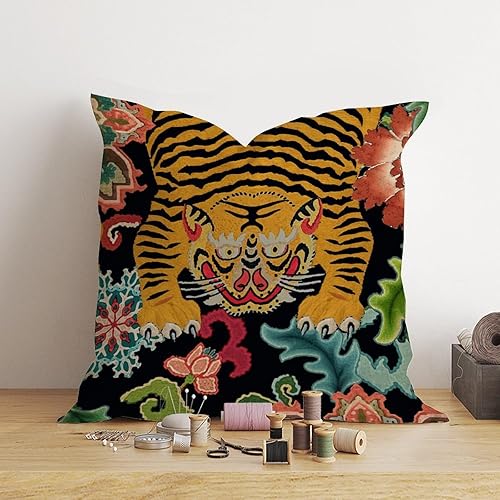 Miniatura 4 de ArogGeld Chinoiserie - Fundas de almohada con estampado de animales de tigre, funda de almohada asiática, rosa, verde y turquesa, floral, colorida,