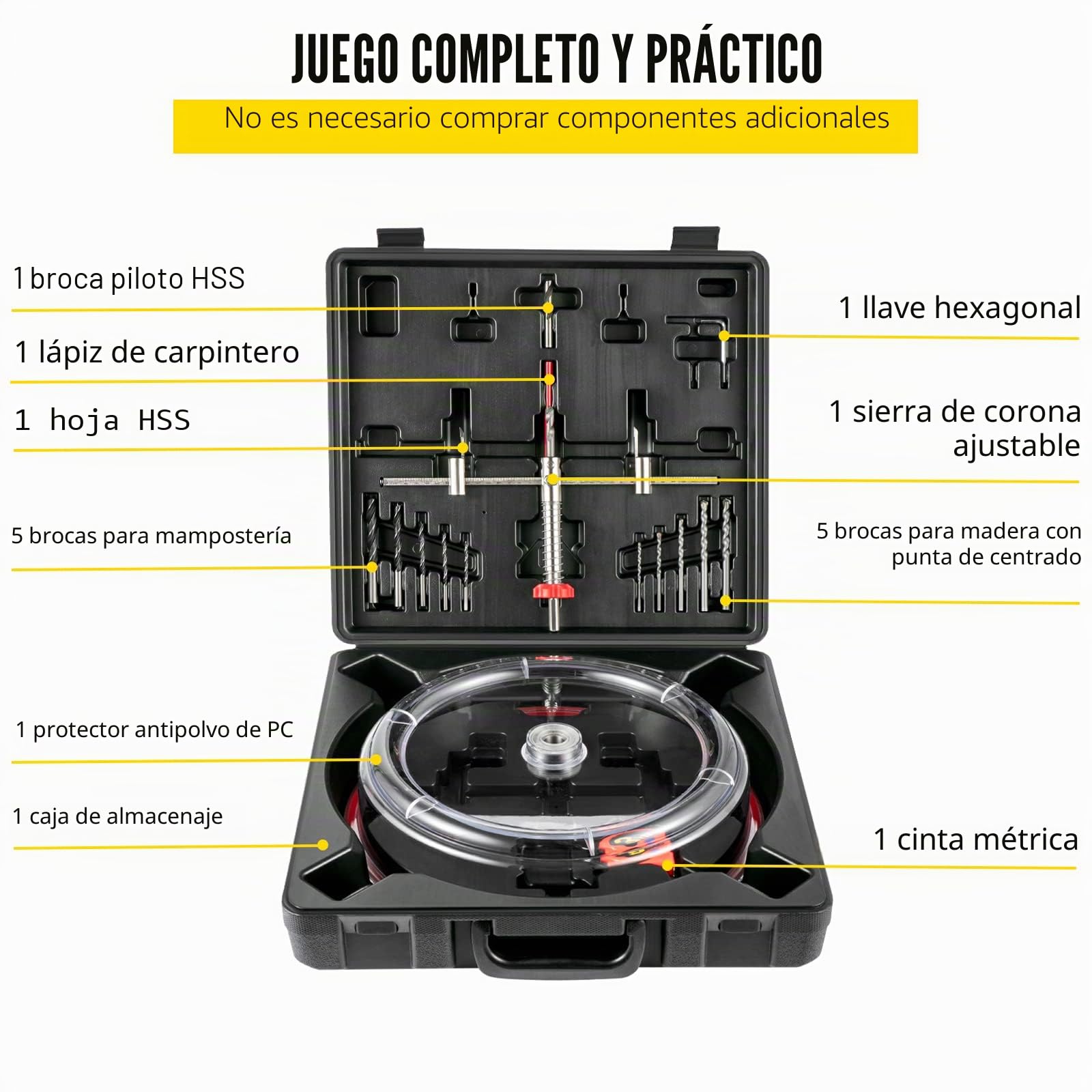 VEVOR Cortador de Sierra Perforadora Agujeros Redondos Diámetro Ajustable 40-200 mm Acero con Recoge Polvo