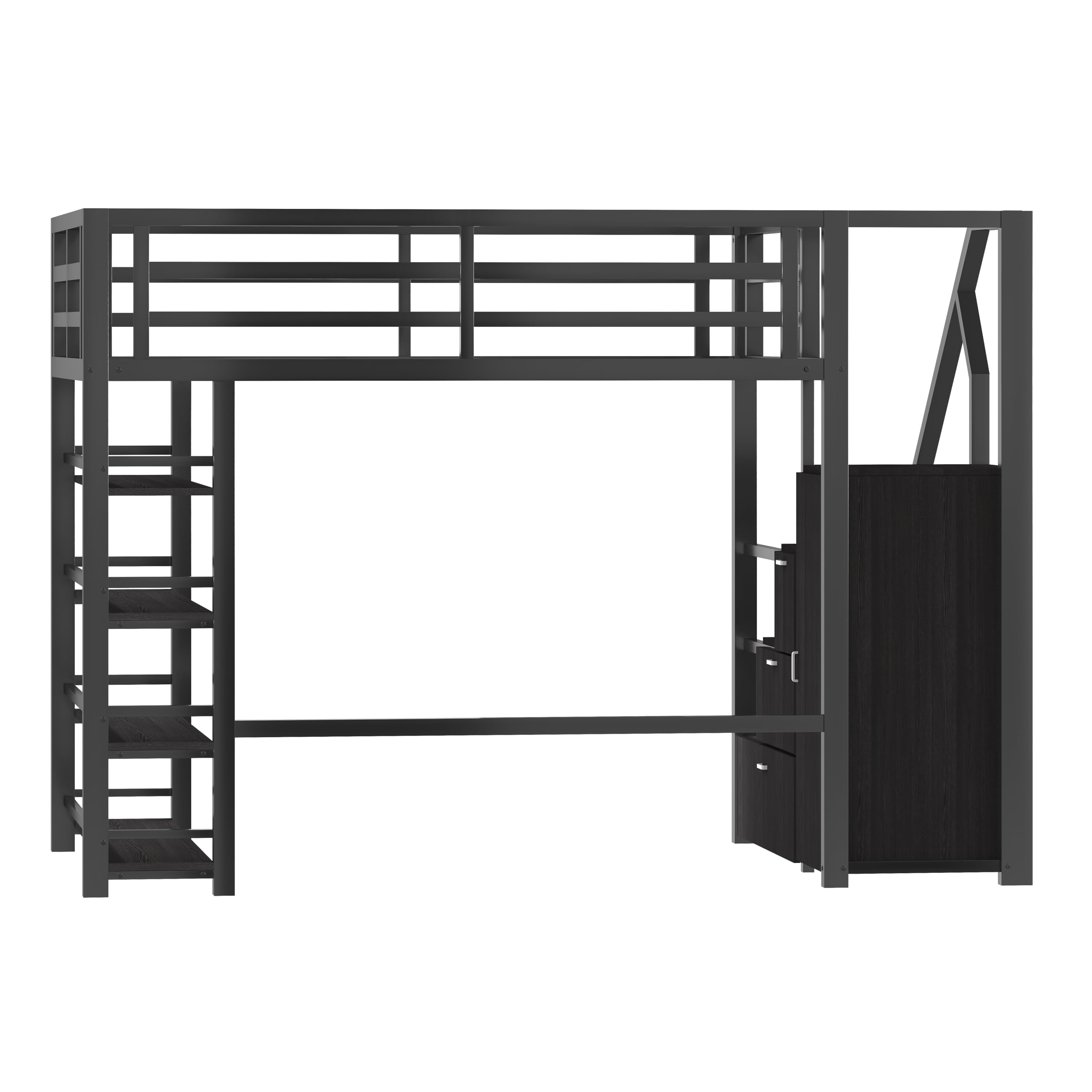 BTM Jugendbett 140 x 200 cm Metall LED Hochbett mit Schreibtisch und Schrank, Kinder Hochbett mit Treppe, Schwarz