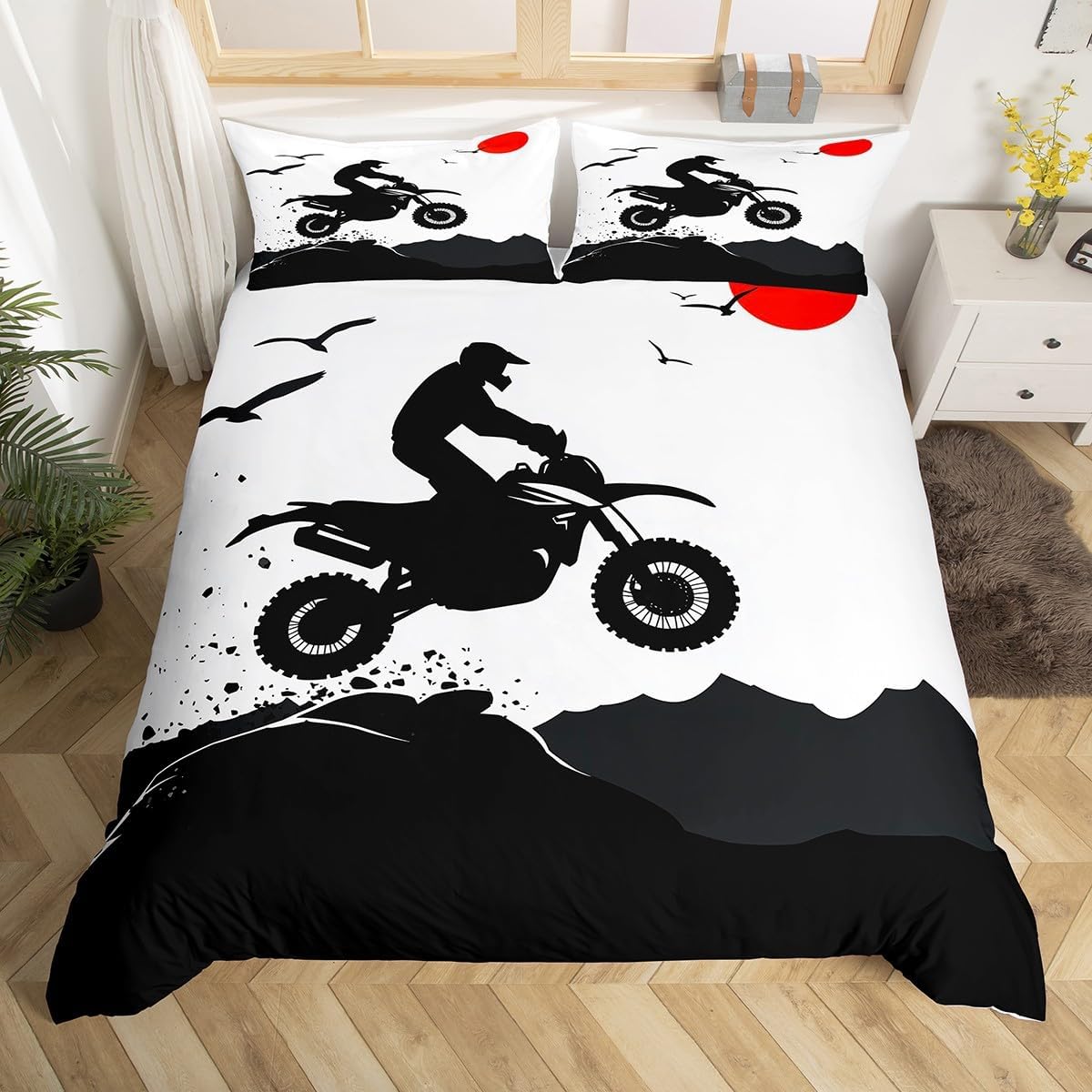Erosebridal Dirt Bike Comforter Cover King Size Motocross Rider Duvet Cover Extreme Games Sport Bedding Set for Boys Teens Kids Bedroom Mountain Road Bedspread Cover with 2 Pillow Cases Black White