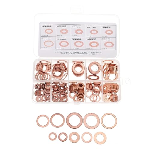 BEBEMOKO 200pcs Copper Sealing Washer Flat Gasket Set Industrial Use Metric Sizes for Plumbing and Automotive Sealing Applications