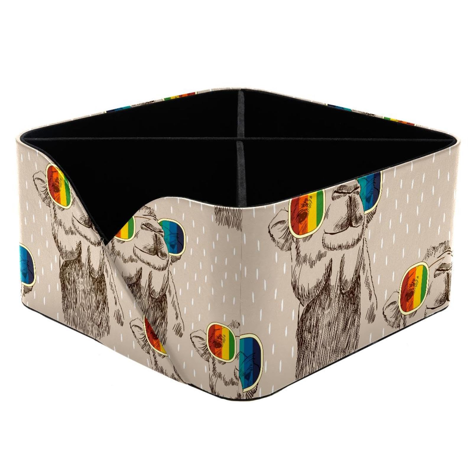 KengjuTesu Cute Animals Camel with Rainbow Glasses Retro Pattern Desktop Organizer Pen Holder, Rectangular Pencil Cup for Office, Study and Makeup Stations