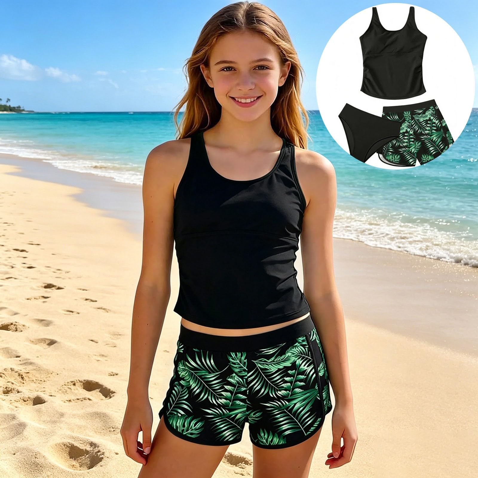 Maillot De Bain Ado Fille Adolescente 8-14 Ans Ensemble Trois Pièces Haut Tankini à Cordons Latéraux Slip Short Imprimé Palmier Plage Piscine Jeux Aquatiques Domicile Été