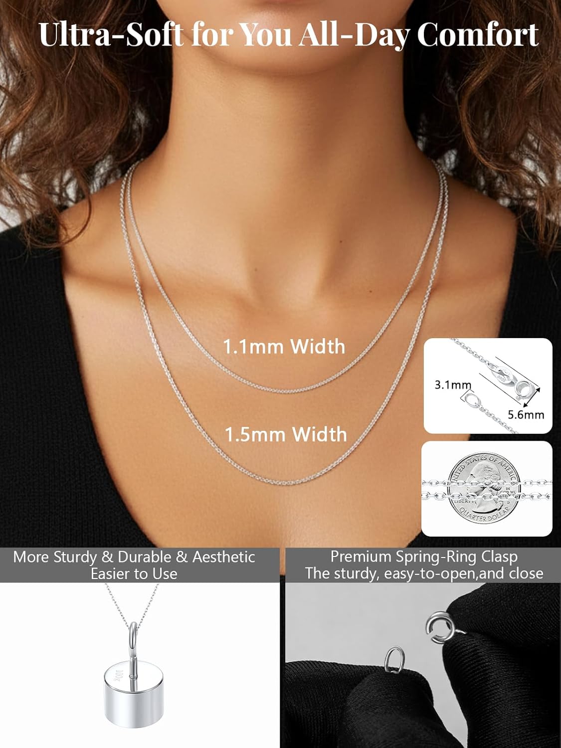 Silvora 925 Sterling Silver Chain Necklace 1.1/1.5mm Thin Silver Chain for Women-Sturdy & Shiny-Women's Chain Necklaces,Adjustable Length 16/18/20/22/24 Inches - Image 4