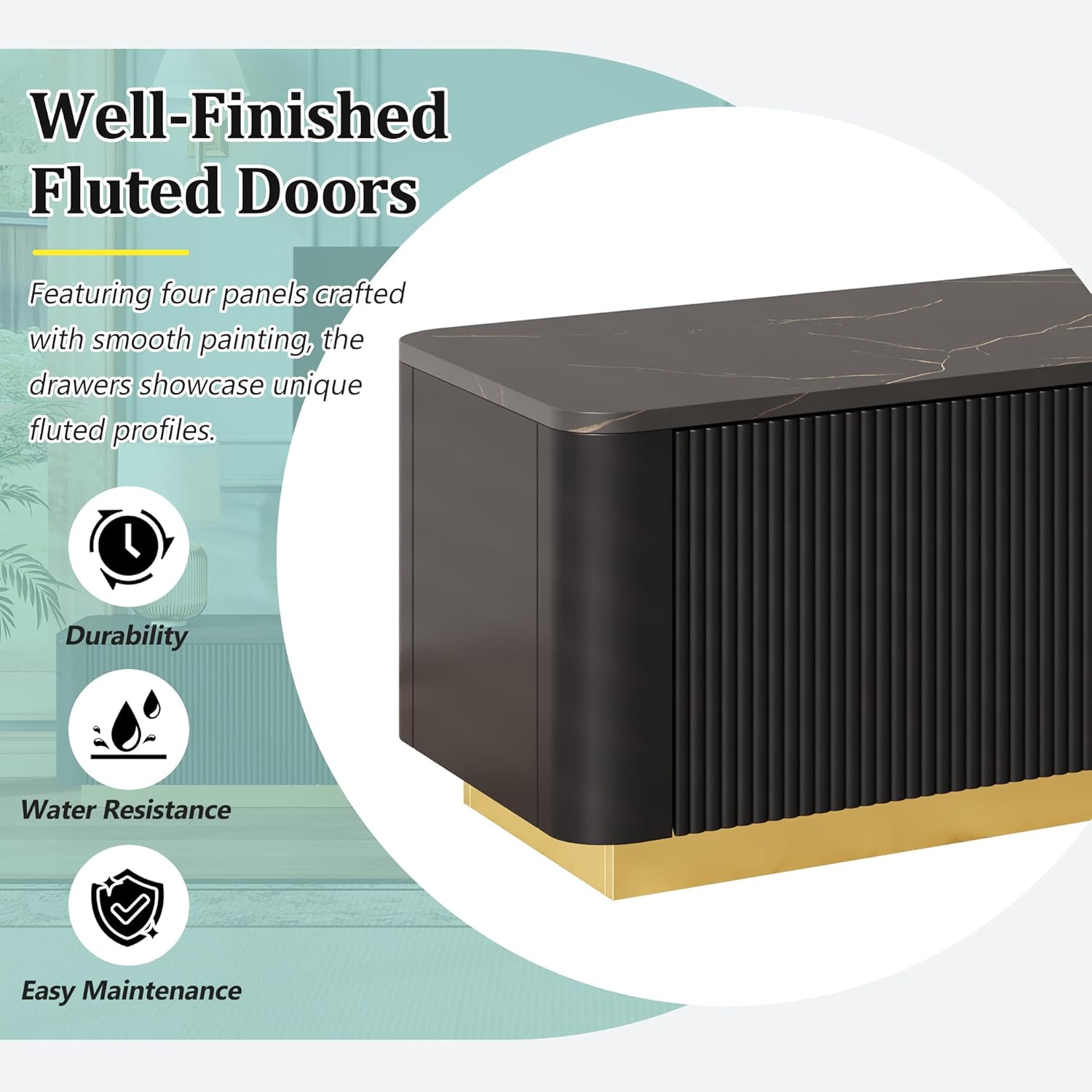 Image highlighting the well-finished fluted doors and their durability, water resistance, and easy maintenance