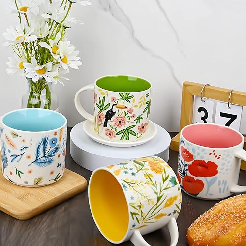 Miniatura 3 de Yoiemivy Juego de 4 tazas de café de cerámica, tazas grandes de flores de primavera de 16 onzas, tazas de café florales vintage con asas, bonita