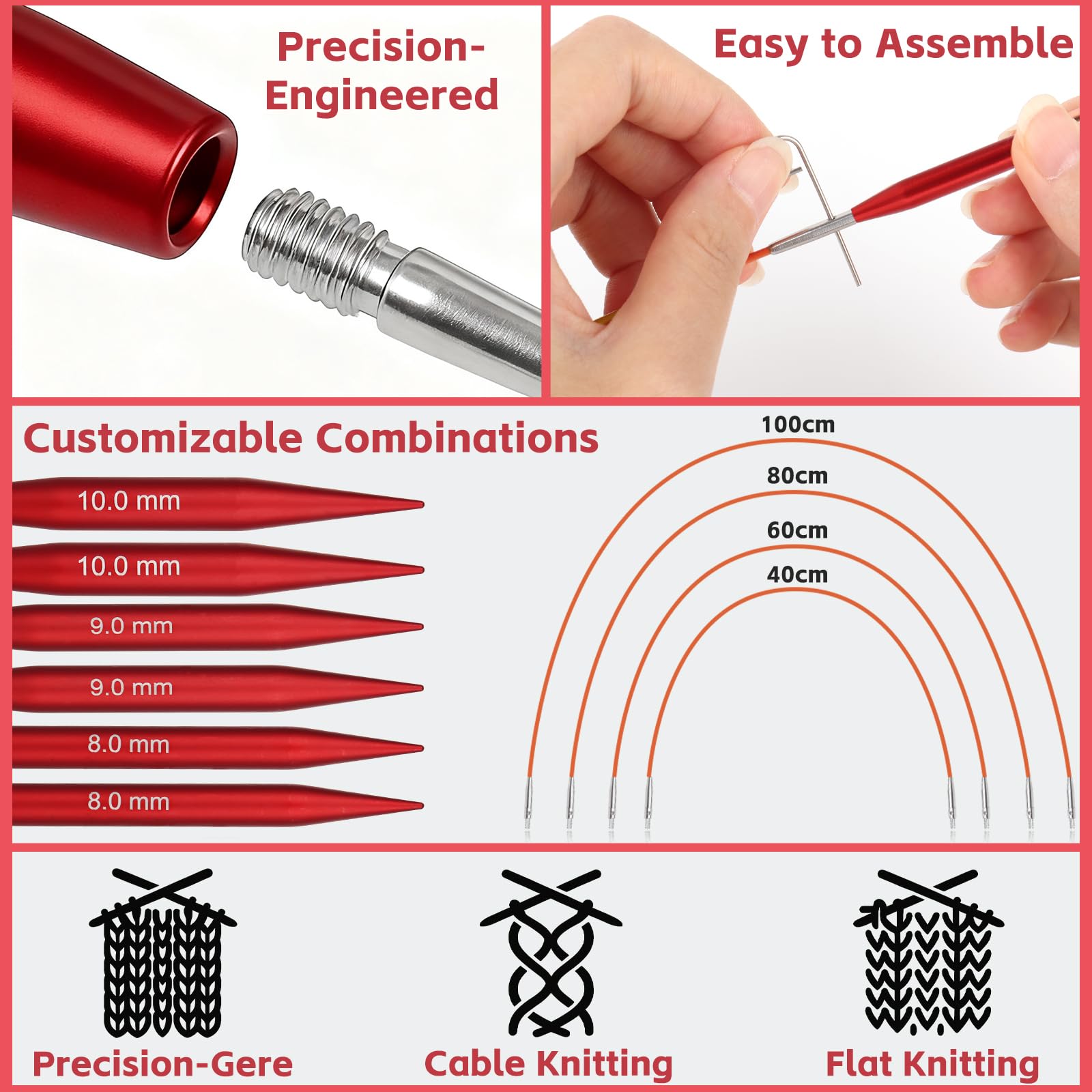 Interchangeable Knitting Needles Set - 13 Pairs Red -2