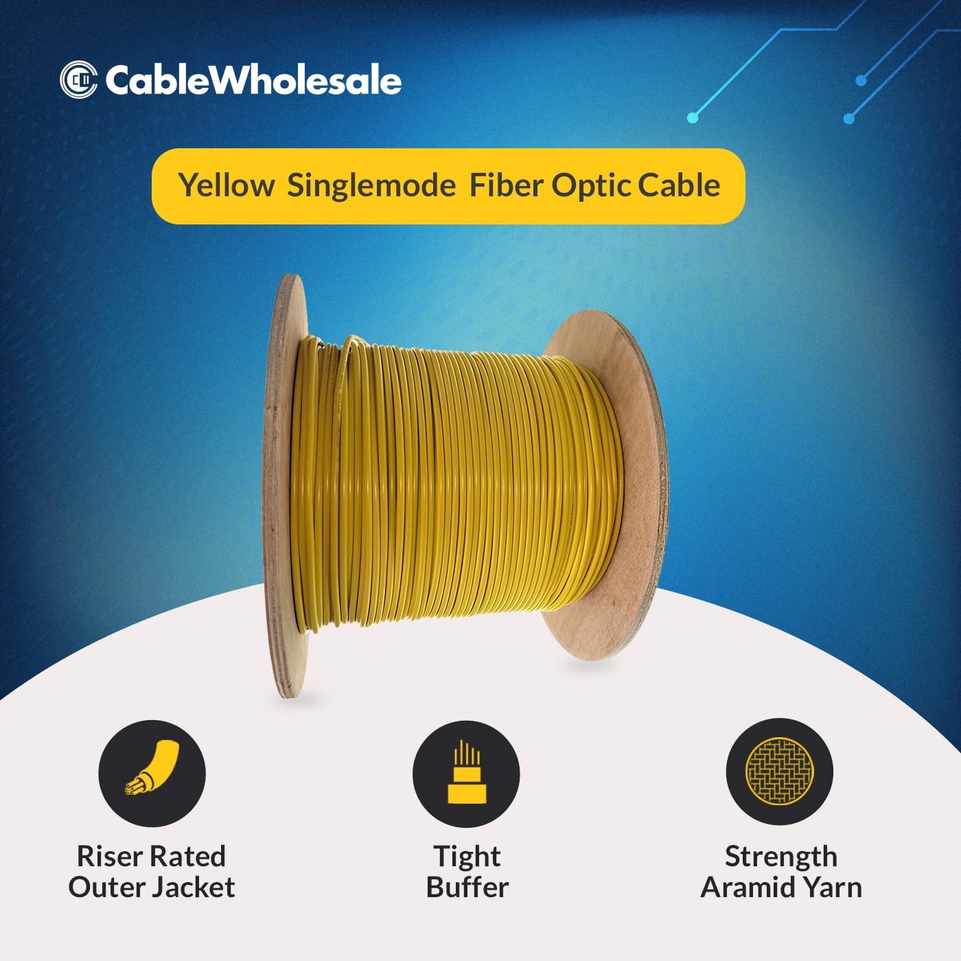 CableWholesale 6-Strand Fiber Indoor Distribution Fiber Optic Cable, Singlemode, OS2 9/125 Micron, Yellow, Riser Rated, Spool, 1000 feet