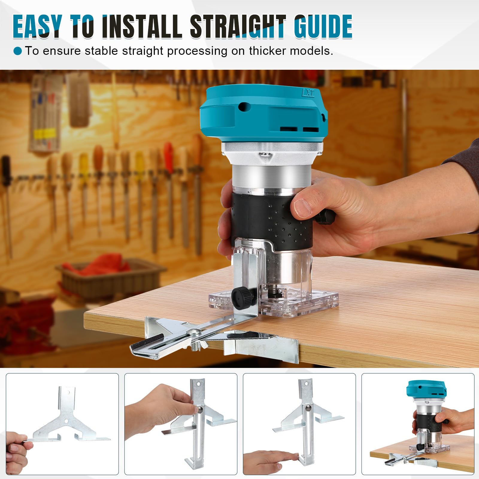 Akku Oberfräse kompatibel mit Makita 18V Batterie, 1300W Bürstenloser Kantenfräser mit 6 Geschwindigkeit, gerader Führung, Führungsrad, Fräser und 2 Schlüssel, Holztrimmer (ohne Akku)
