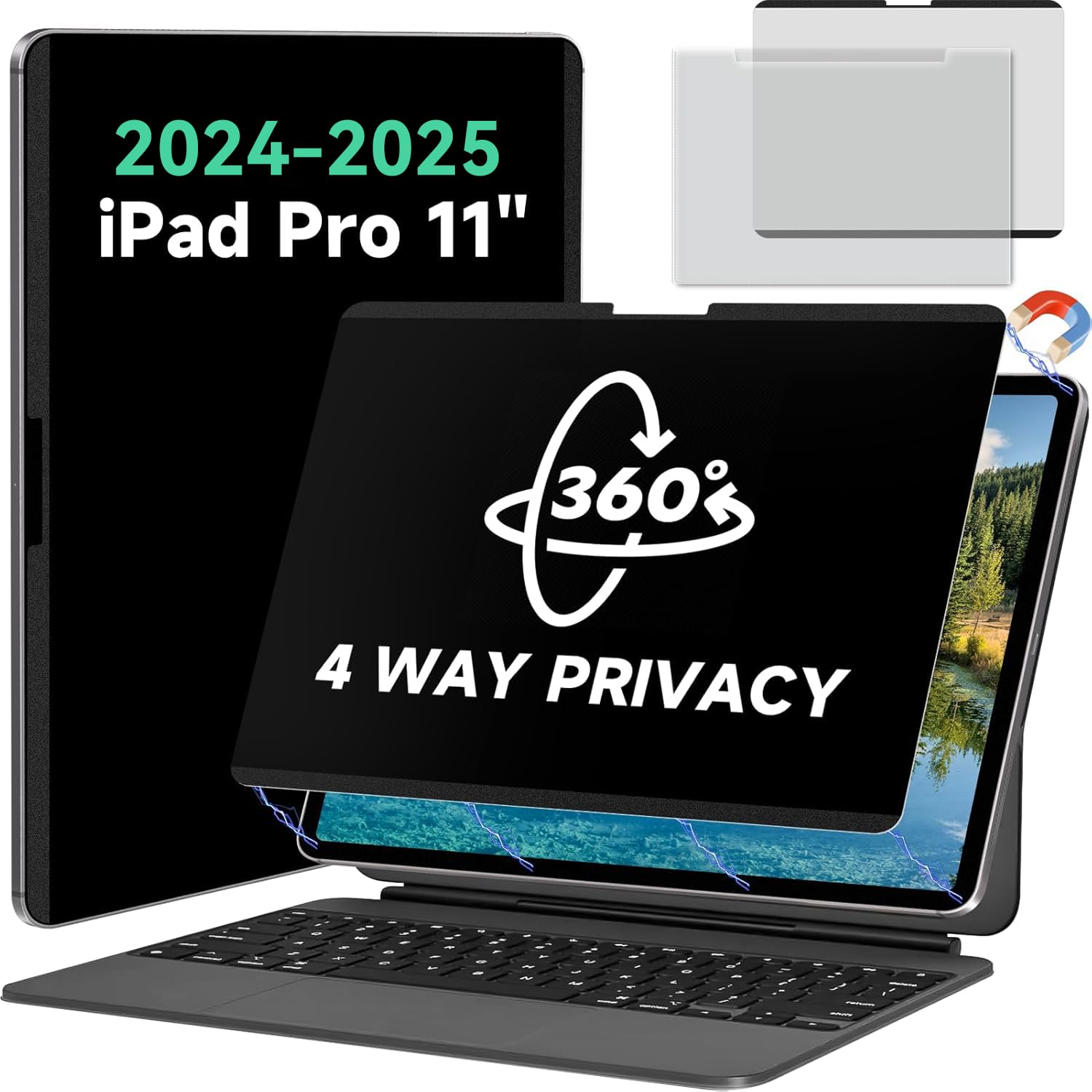 Magnetic 360° Privacy Screen for iPad Pro 11 Inch 2024/2025 M4/M5 (5th/6th Generation) Removable Anti Blue Light Glare Filter, Bubble-Free Black Privacy Screen Protector