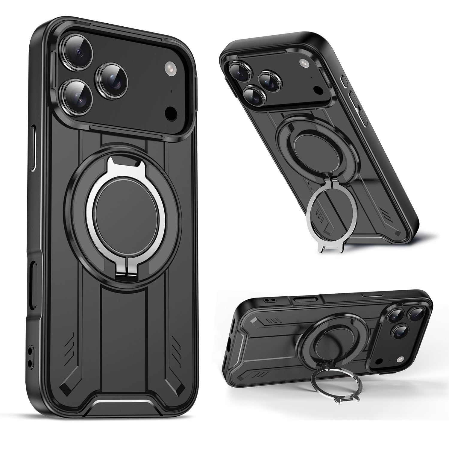 Coque iPhone 17 silicone noir rigide avec anneau de support intégré - 7
