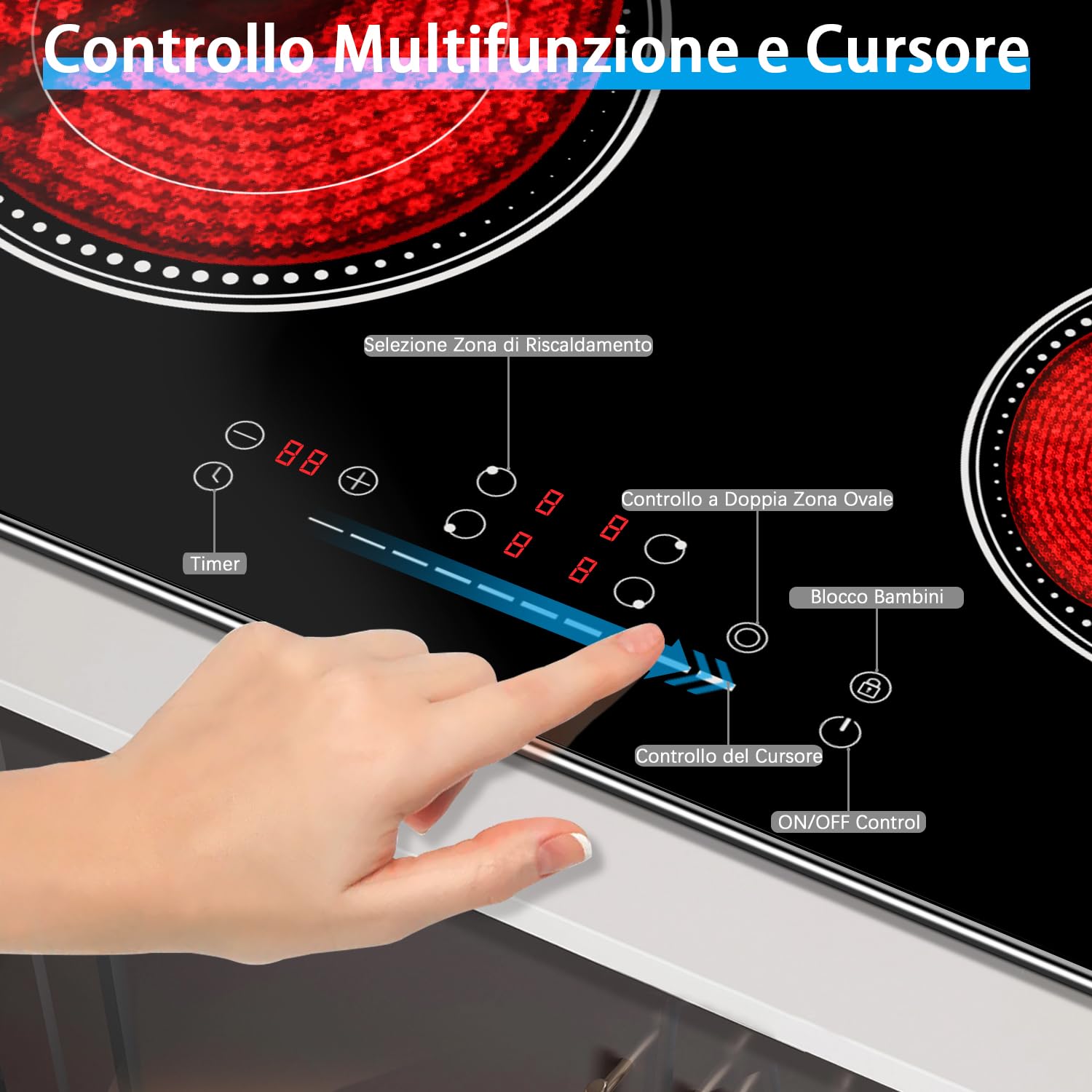 DELITEER, Piano Cottura Vetroceramica a 4 Zone, Piano Cottura Elettrico da 6600W con Struttura in Metallo, Zona Flessibile
