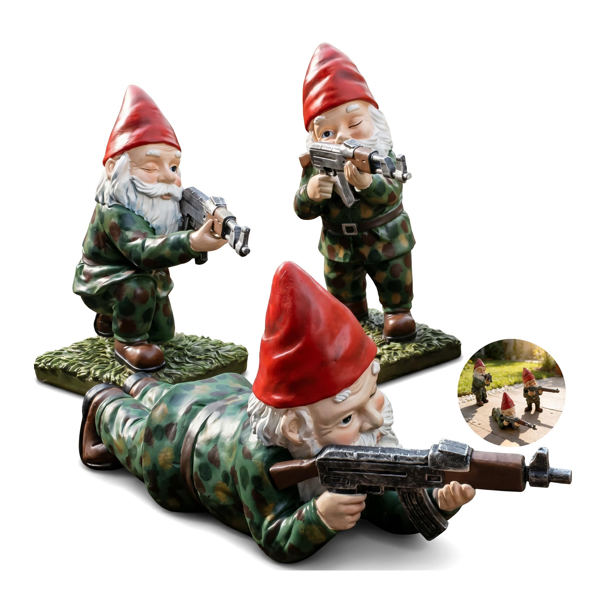 3Pcs Garden Gnomes Outdoor, Funny Red Hat Gnome Statues in 3 Poses, Camouflage Garden Ornaments for Lawn Yard Patio Decor