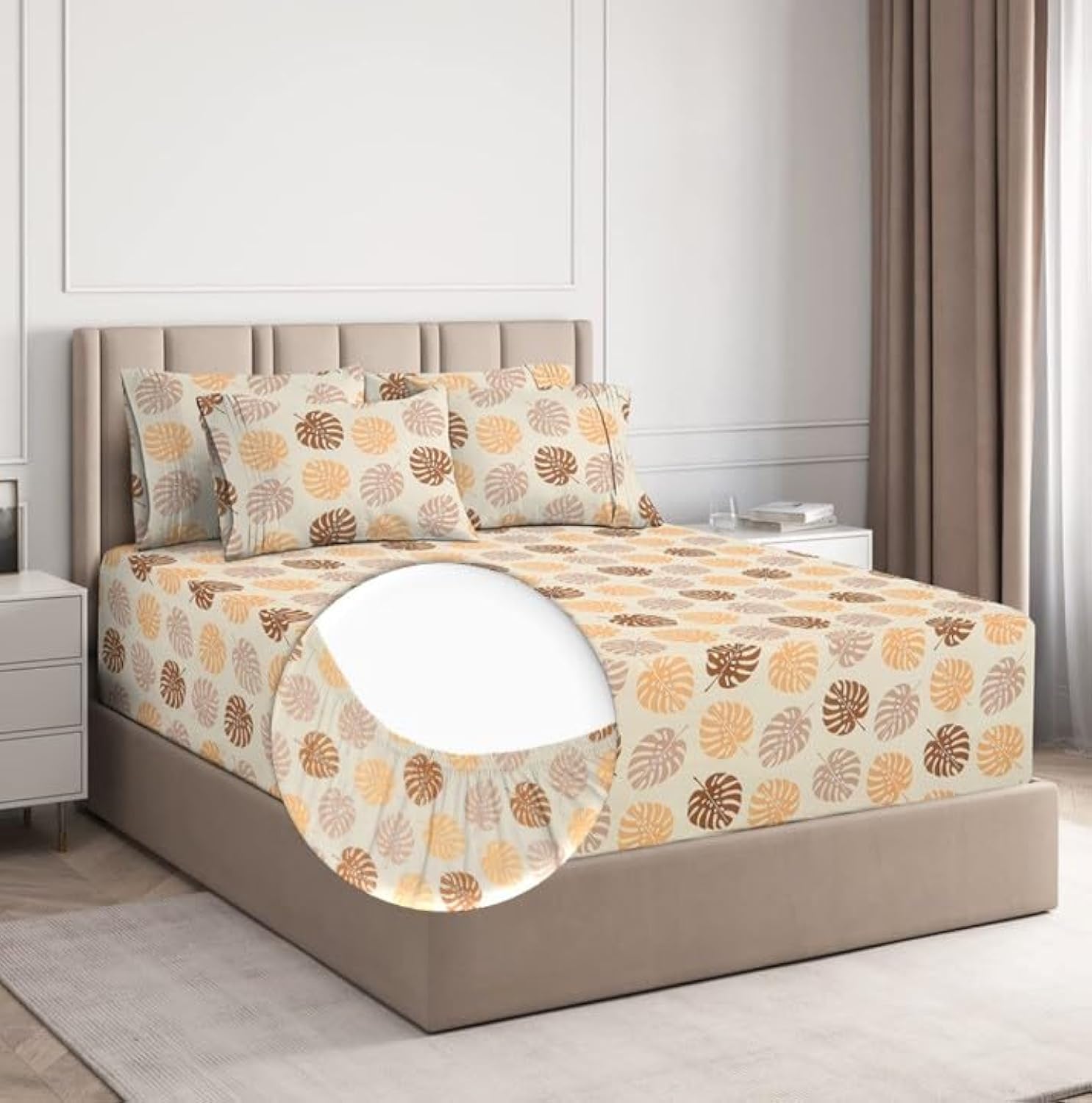 BSB HOME 220 Tc Premium Cotton All Round Elastic Fitted Bedsheets For Double Bed With 2 King Size Pillow Covers 220Tc Supersoft | Wrinkel Free Bed Cover Size - 72 X 78 +10 Inches | Leaf, Beige & Brown