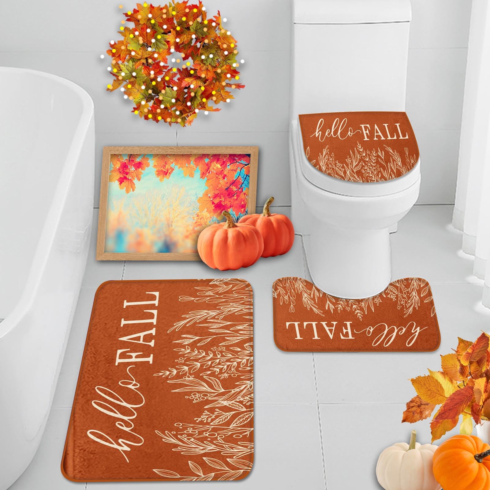 Arttown Hello Fall Bathroom Rug Set of 3, Autumn Orange Floral Leaves Herb 3 Pieces Bath Mats Set for Bathroom, No Silp Washable Cover Floor Rug Decorations for Kitchen Bathroom Bedroom