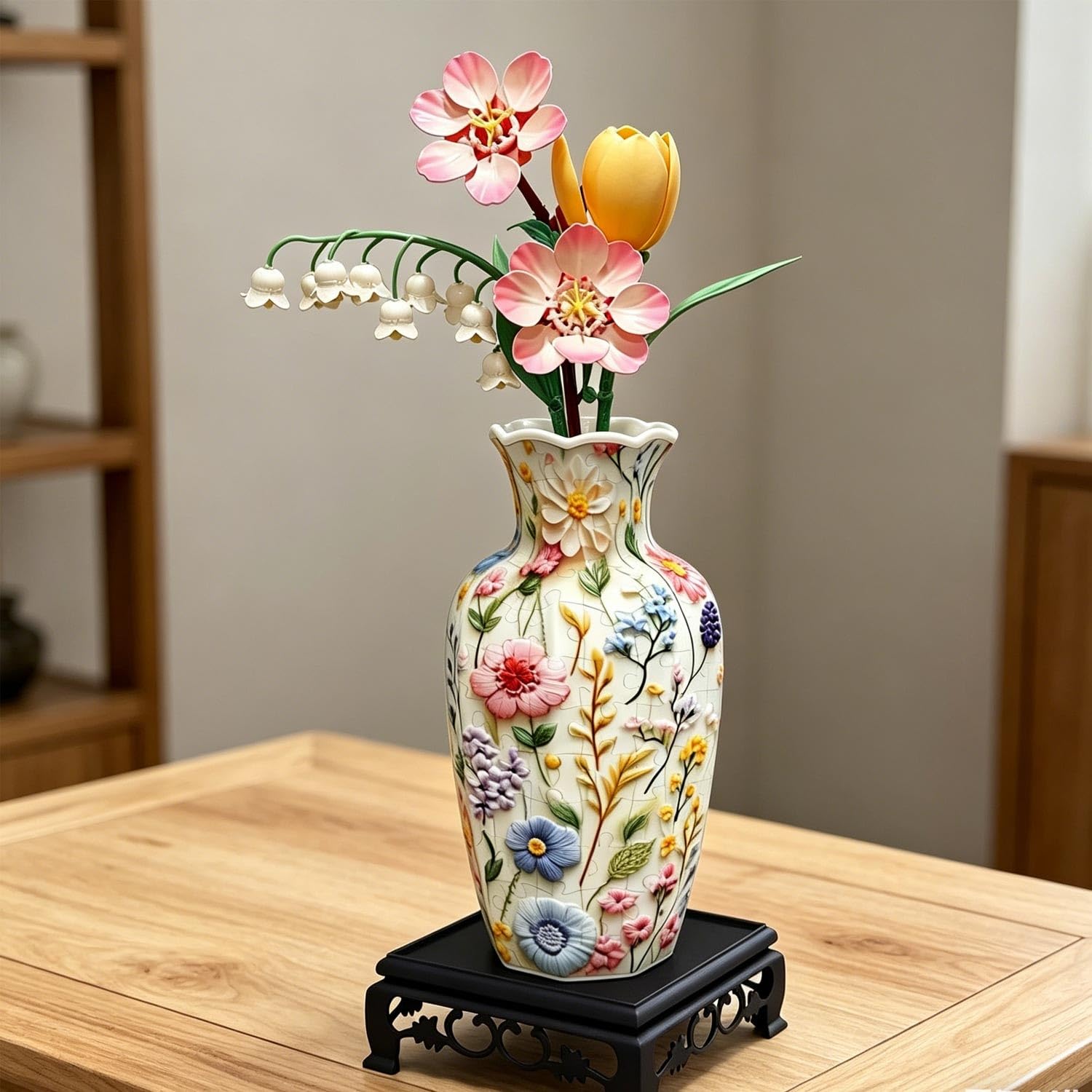 Juego de bloques de construcción florales para bricolaje, jarrón de rompecabezas 3D para adultos, 160 piezas con base, decoración del hogar, arreglo floral y decoración (ramo de 3 tallos)