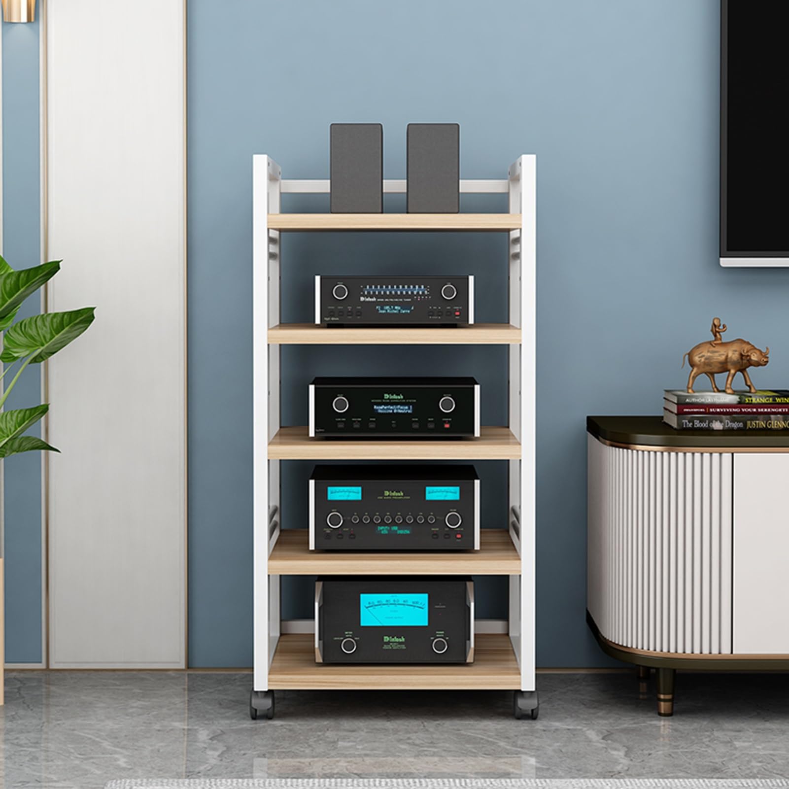 Multi-Function Open 4/5 Tier Movable Media Stand Audio/Video Rack CD Player Stand Stereo Component Storage Cabinet with Height Adjustable Wooden Shelf for Home/Office/Theater (Size : 5-Tier)