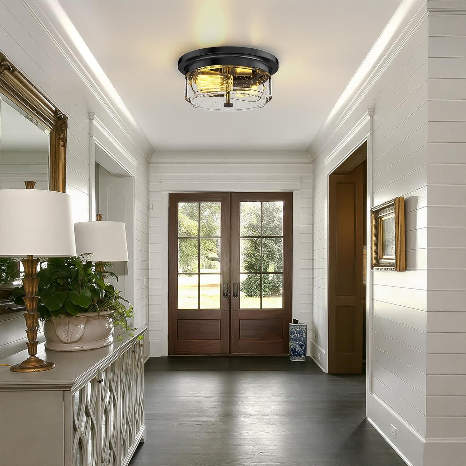 Black Flush Mount Ceiling Light Fixtures, 2-Light Ceiling Mount for Farmhouse with Seeded Glass Lampshade, Industrial Flush Mount Light Fixture Farmhouse for Hallway, Kitchen, Entryway and Foyer