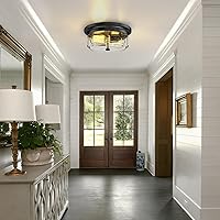 Vista 7 de Lámparas de techo de montaje empotrado negras, soporte de techo de 2 luces para granja con pantalla de cristal texturizado, lámpara industrial