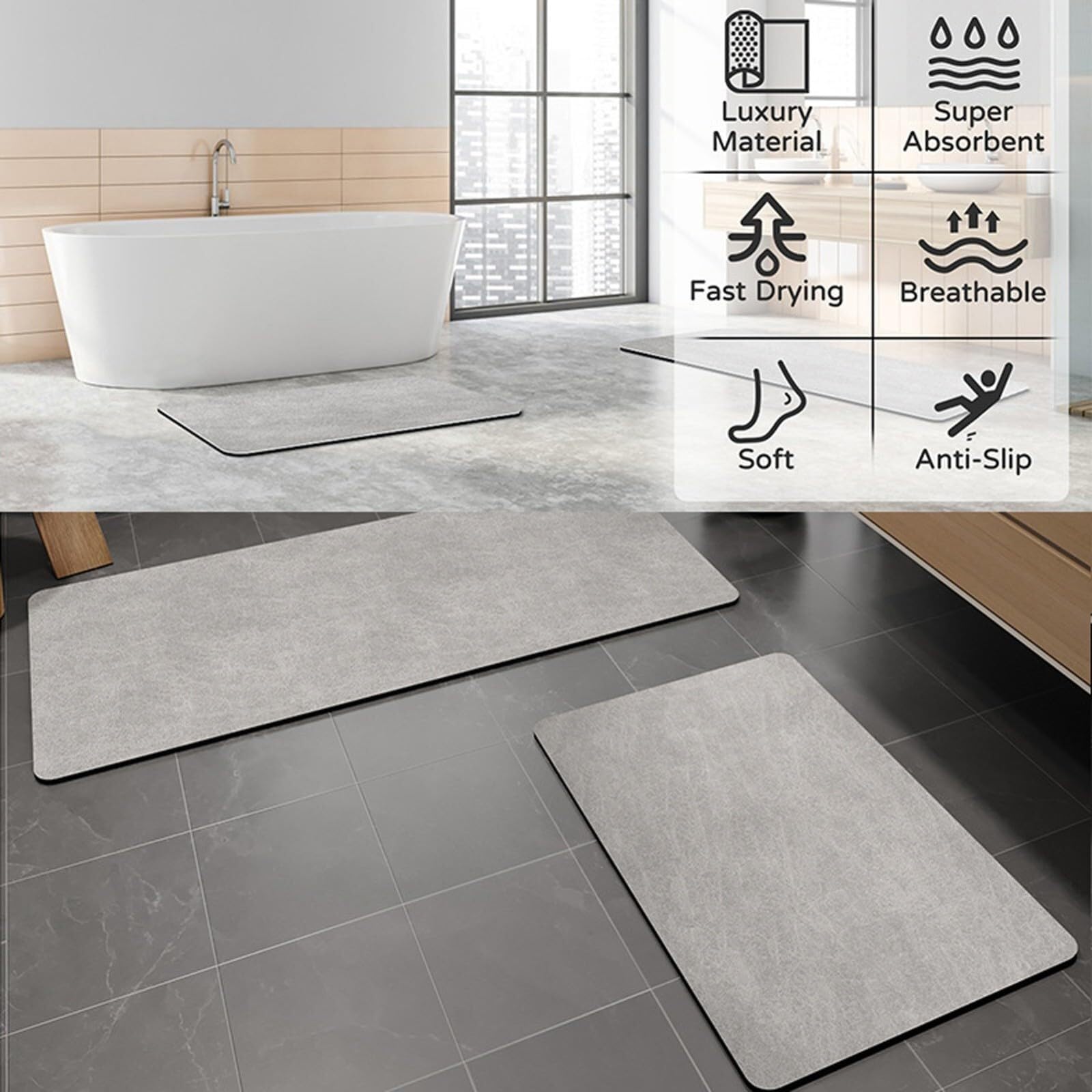 Tappetino da Bagno in Pietra Diatomite 50X80cm, Tappeto da Antiscivolo Adatto per Bagno Docce Cucina, Tappetini con Fondo in Gomma per Indoor Floor & Door Mat