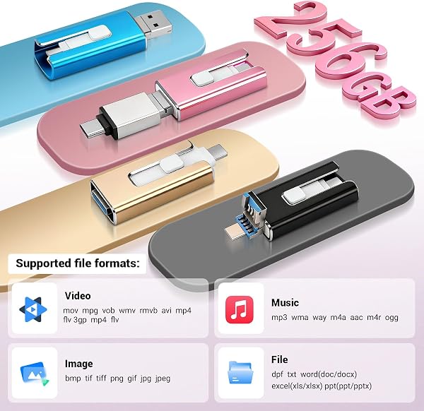 Clé USB 256 Go pour téléphone, clé USB 4 en 1 pour iPhone/iPad/Android/PC, clé USB 3.0 Haute Vitesse, Transfert Rapide, Sauvegarde de Photos et vidéos, Rose - 5